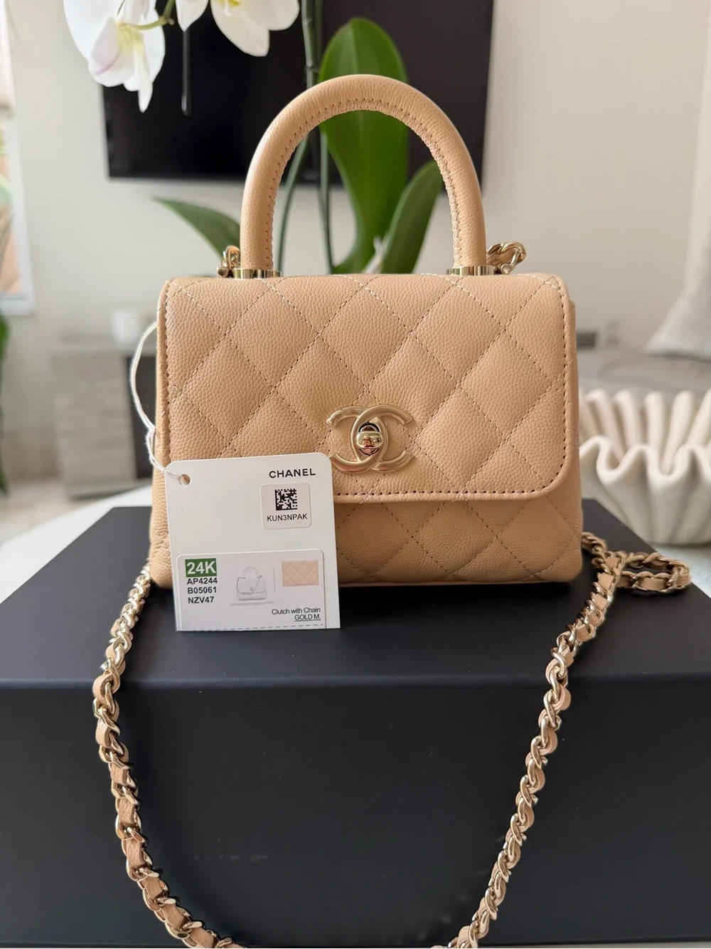 Chanel 24K AP4244 Micro Coco Handle Extra Mini Flap Beige Caviar Clutch GHW Bag